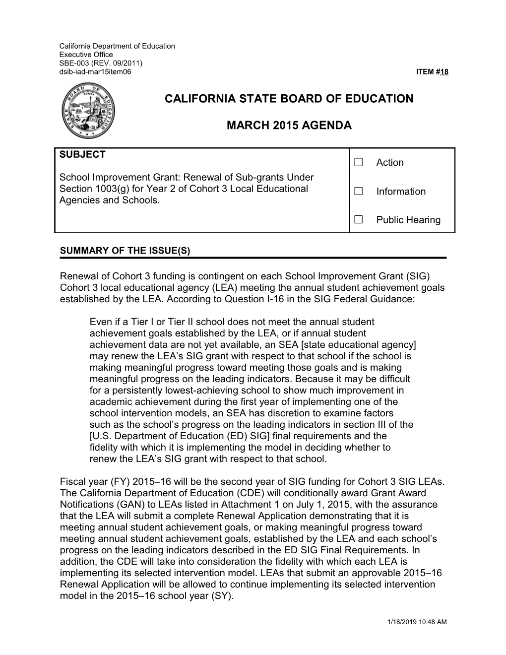March 2015 Agenda Item 18 - Meeting Agendas (CA State Board of Education)