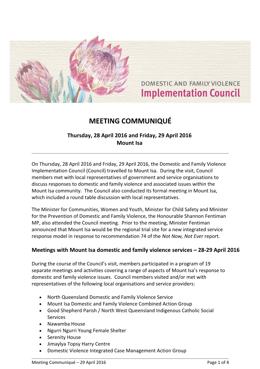 DFV Implementation Council Communique - April 2016