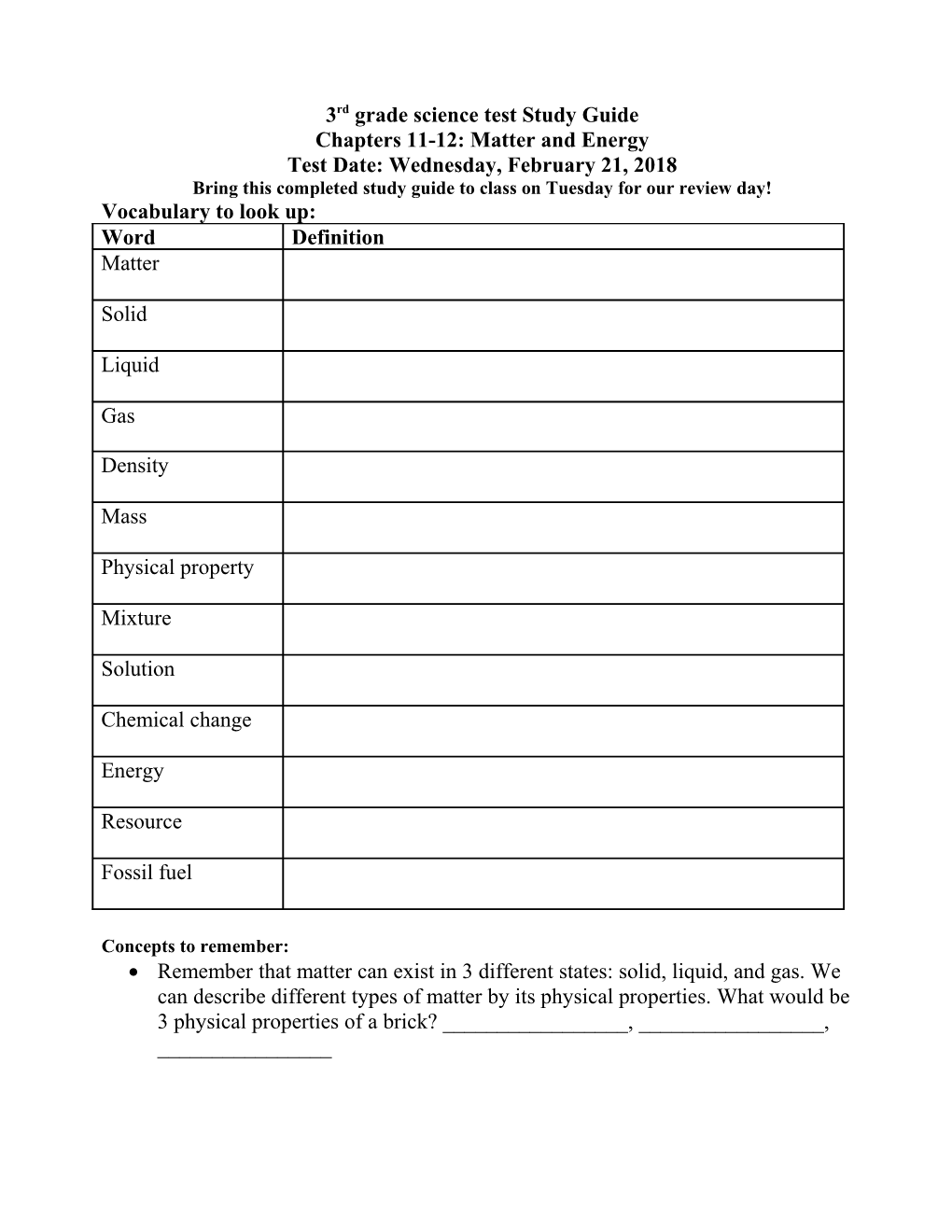 3Rd Grade Science Test Study Guide