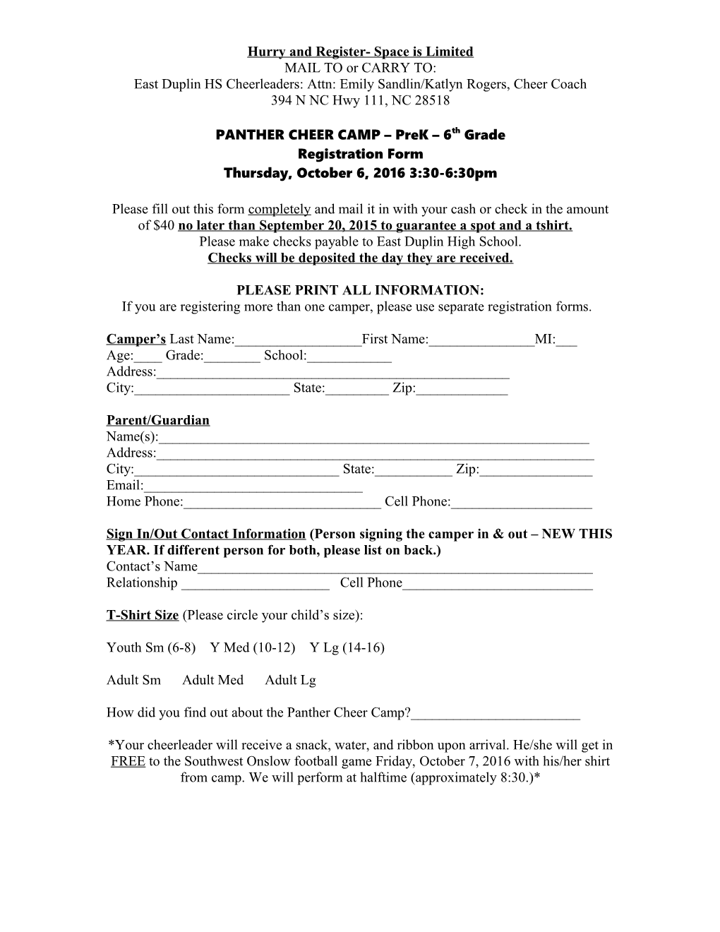 WILDCAT MINI CHEER CAMP Registration Form