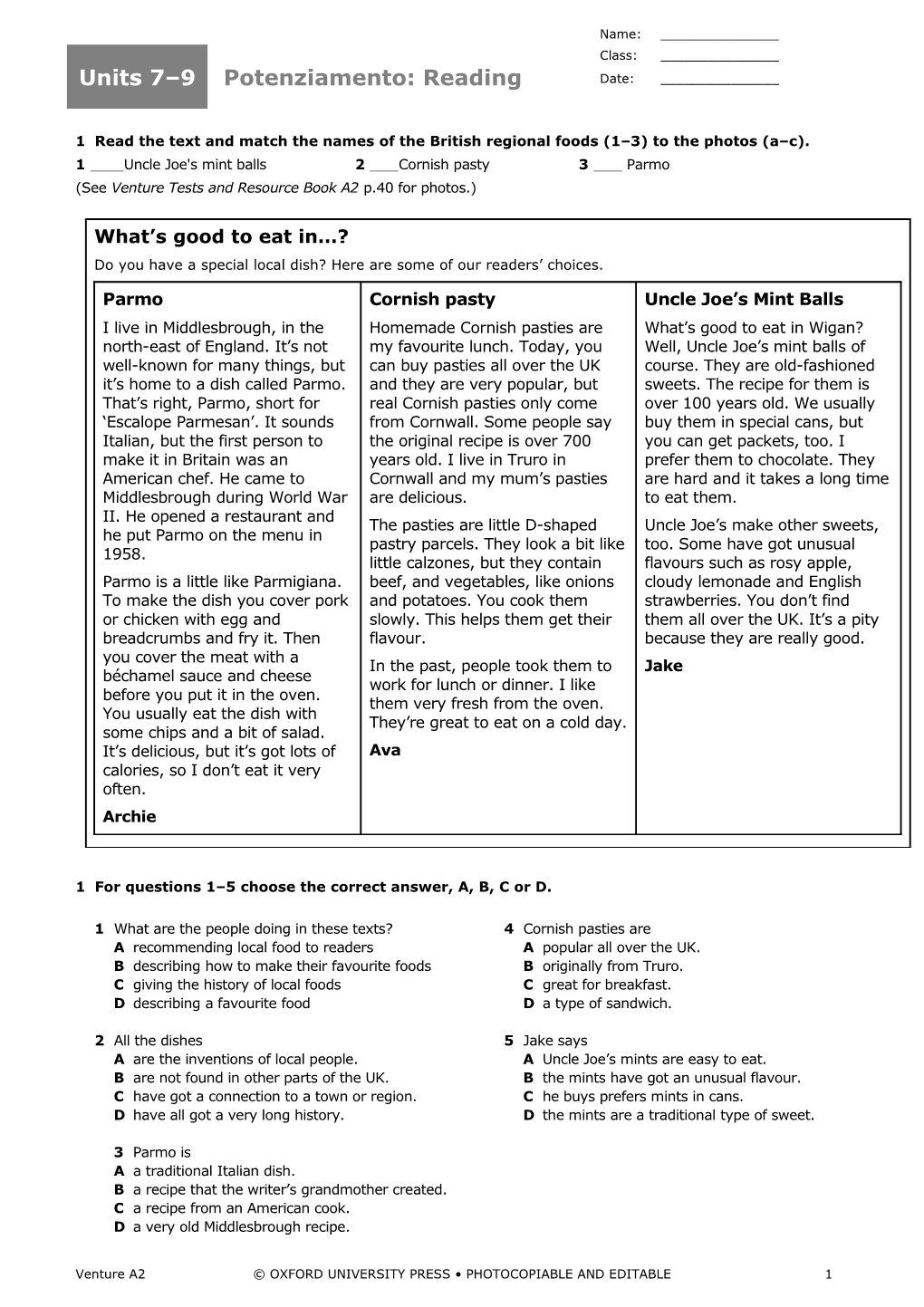 1Read the Text and Match the Names of the British Regional Foods (1 3) to the Photos (A C)