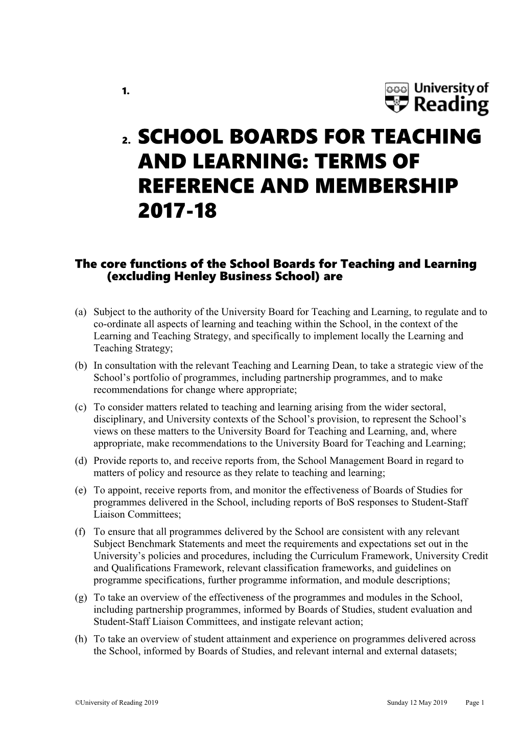 School Boards for Teaching and Learning: Terms of Reference and Membership 2017-18