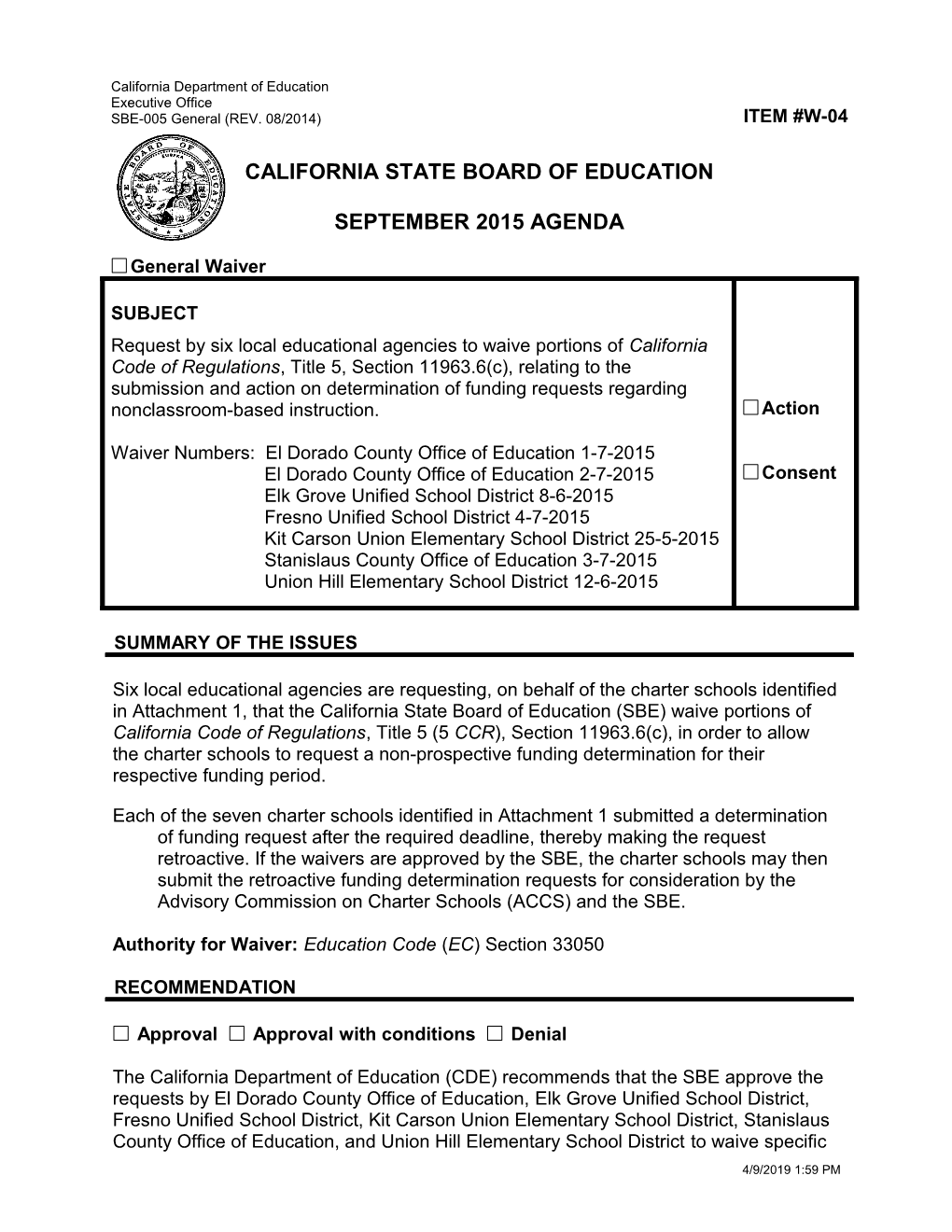 September 2015 Waiver Item W-04 - Meeting Agendas (CA State Board of Education)