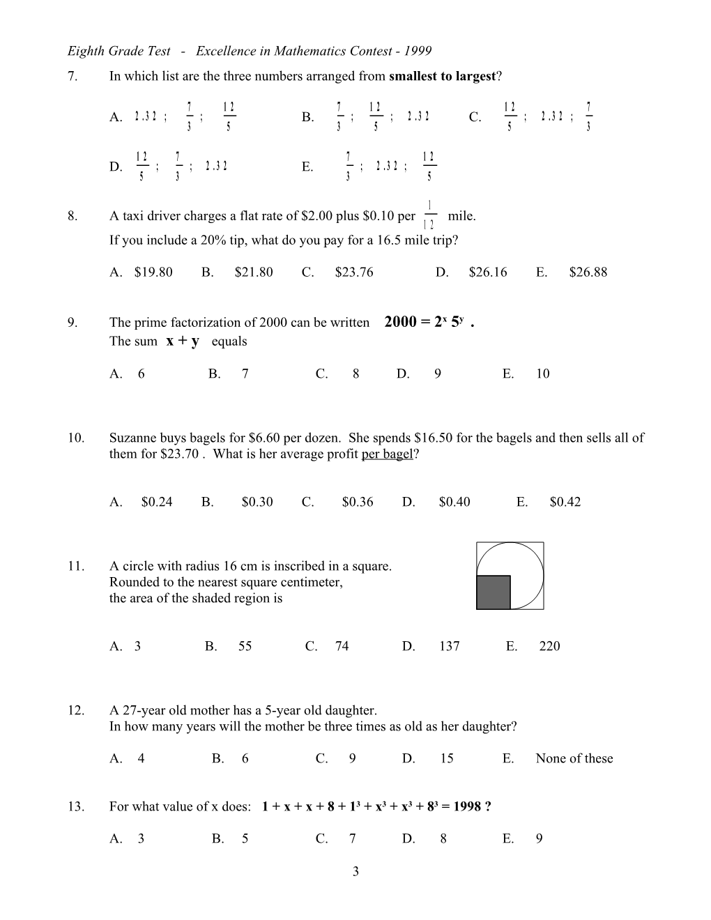 Eighth Grade Test - Excellence in Mathematics Contest - 1999