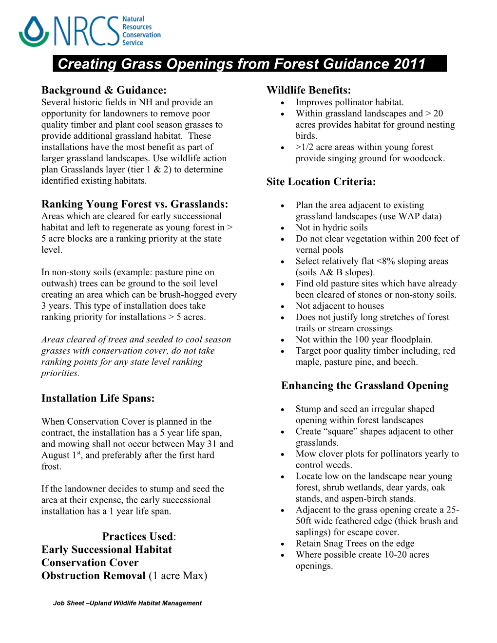 Job Sheet Upland Wildlife Habitat Management