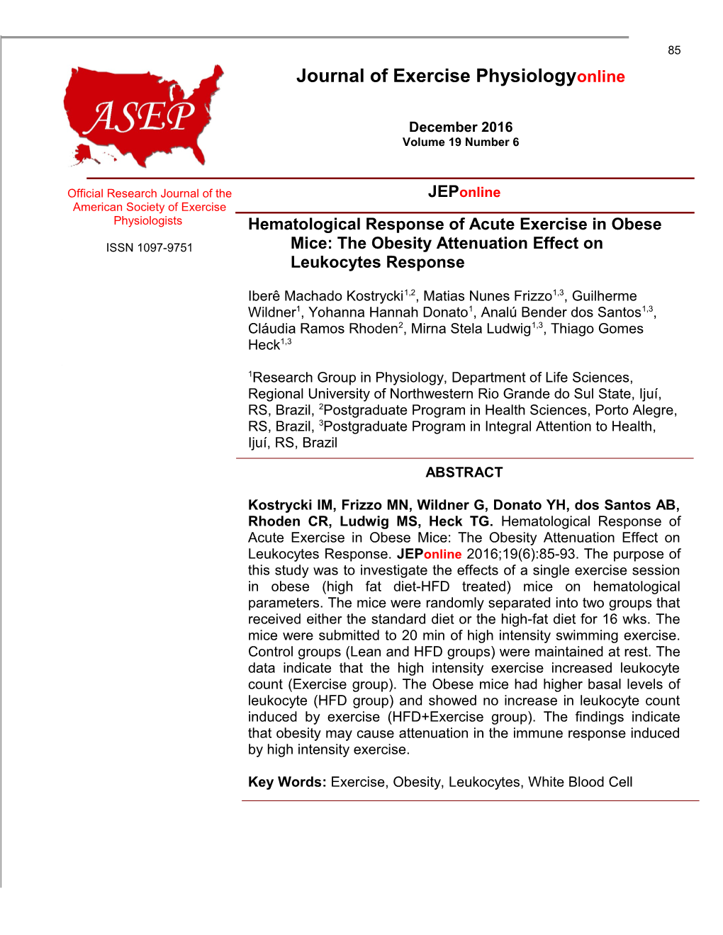 Hematological Response of Acute Exercise in Obese Mice: the Obesity Attenuation Effect