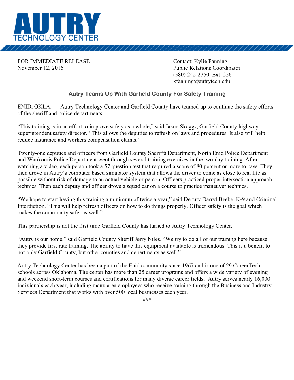 Autry Teams up with Garfield County for Safety Training