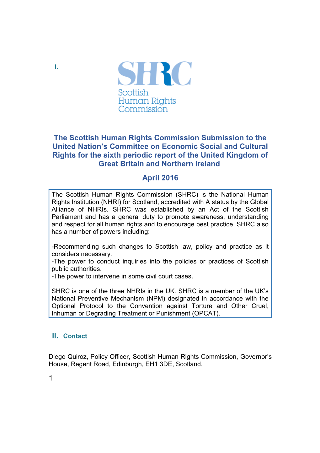 The Scottish Human Rights Commission Submission to the United Nation S Committee on Economic