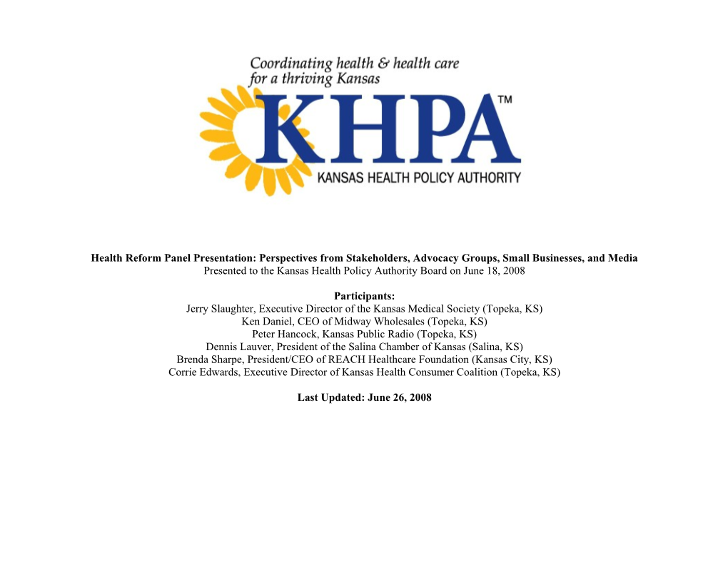 Health Reform Panel Presentation: Perspectives from Stakeholders, Advocacy Groups, Small
