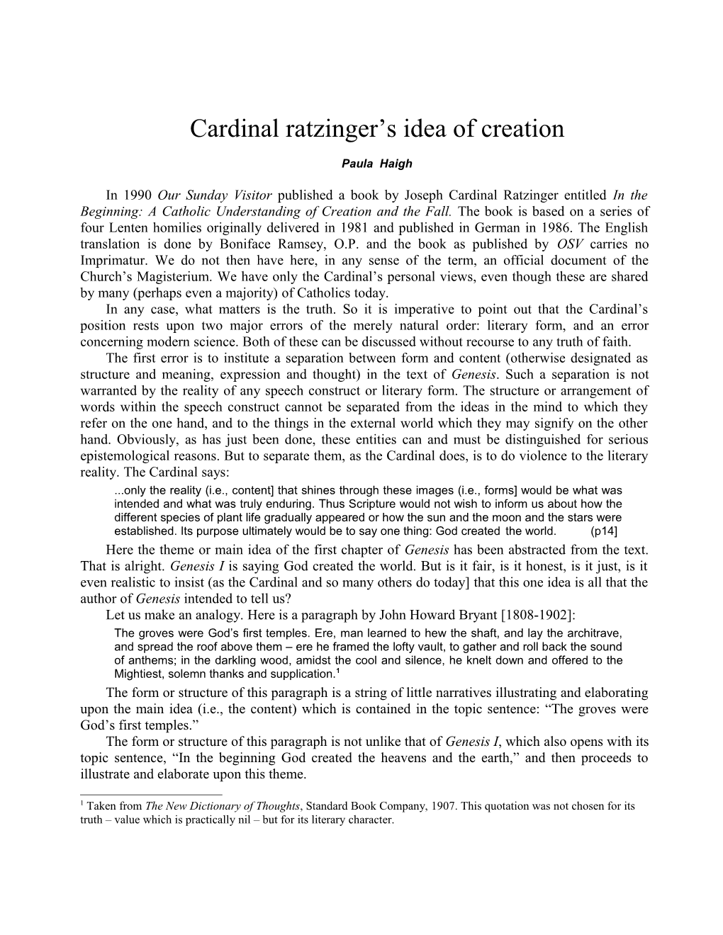 Cardinal Ratzinger S Idea of Creation