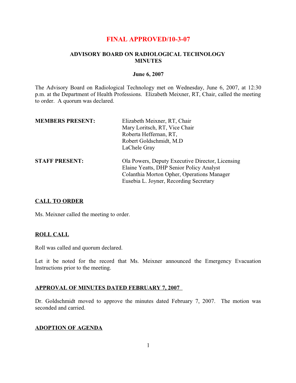 ADVISORY COMMITTEE on RADIOLOGIC TECHNOLOGIST PRACTITIONERS - Final Minutes - June 6, 2007