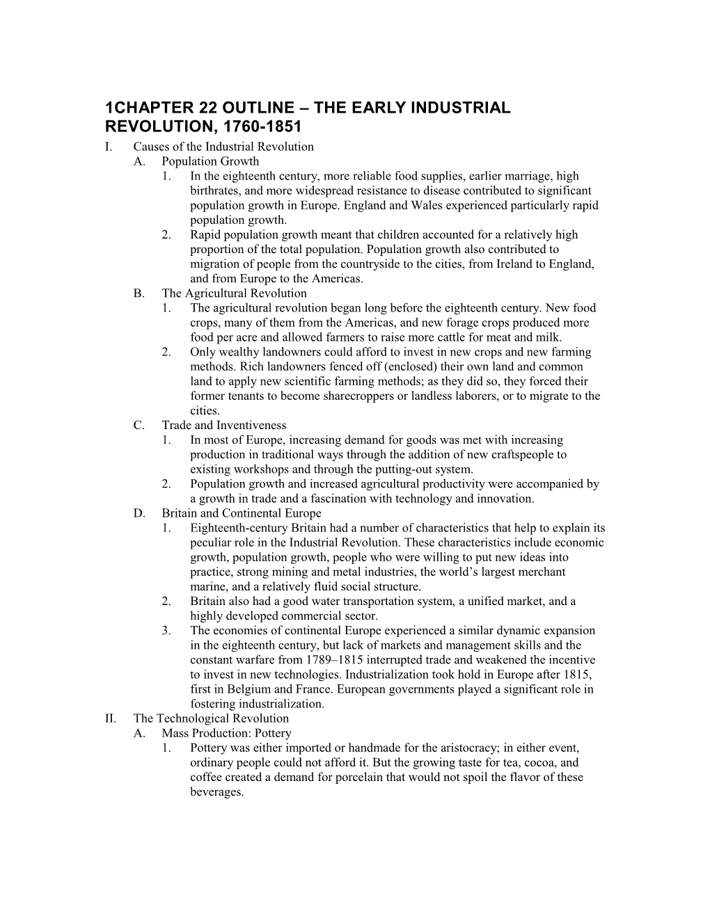 CHAPTER 22 OUTLINE the Early Industrial Revolution, 1760-1851