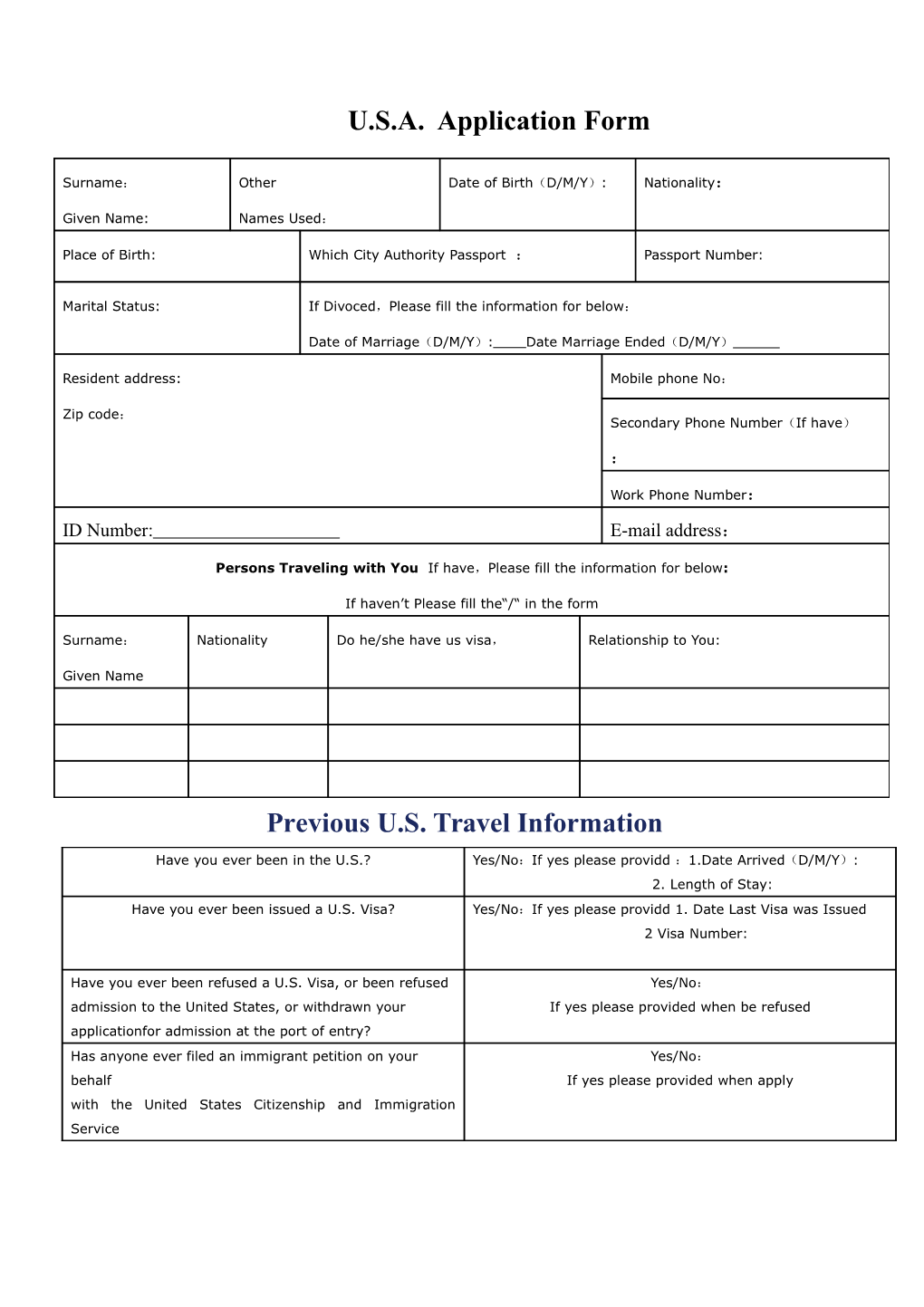 U.S.A. Application Form