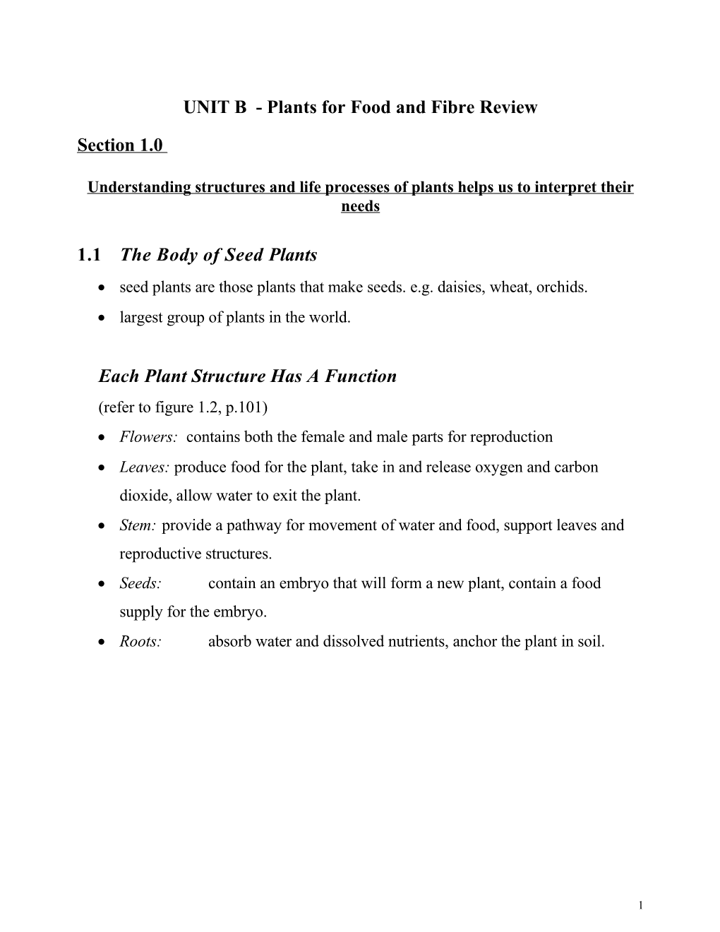 UNIT B - Plants for Food and Fibre Review