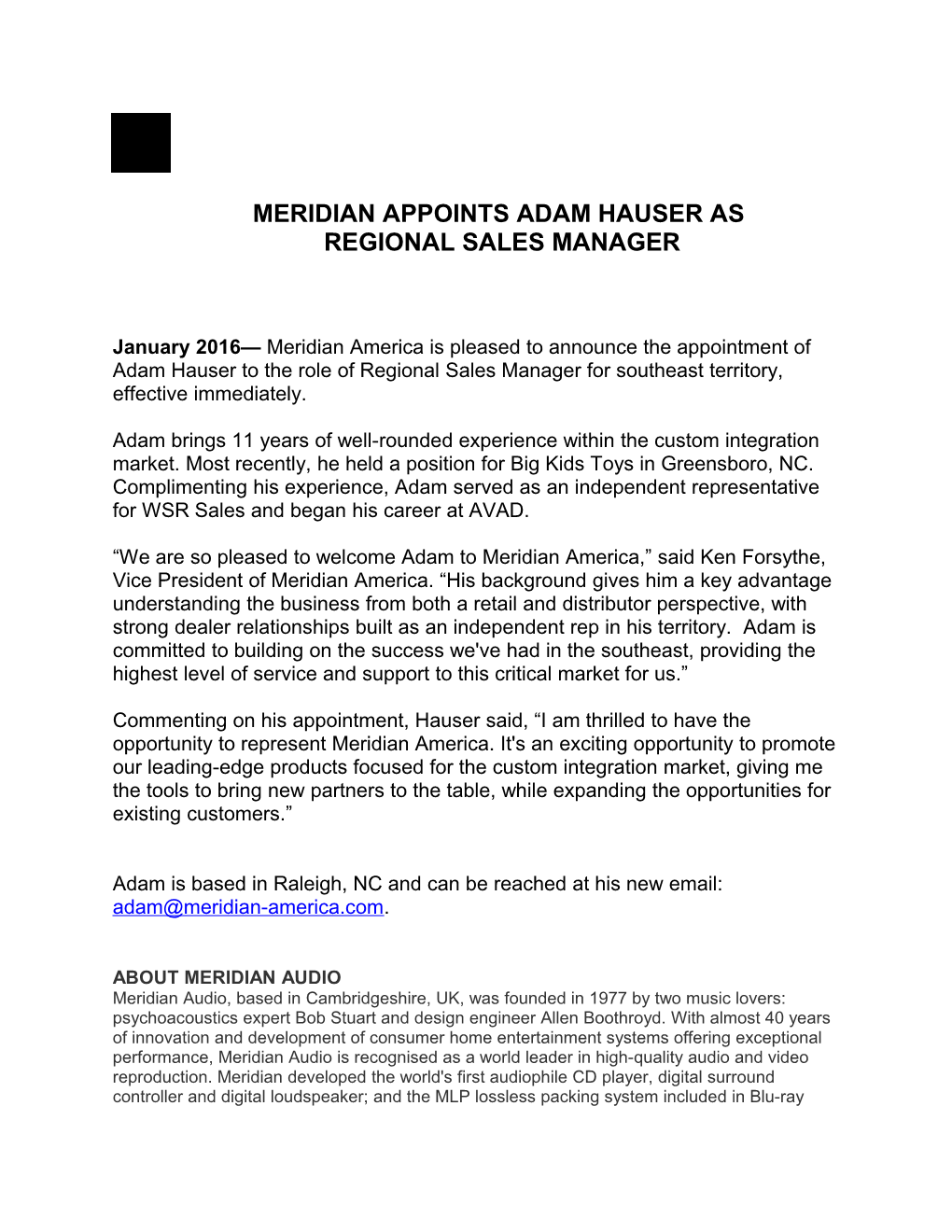 Meridian Appoints Adam Hauser As