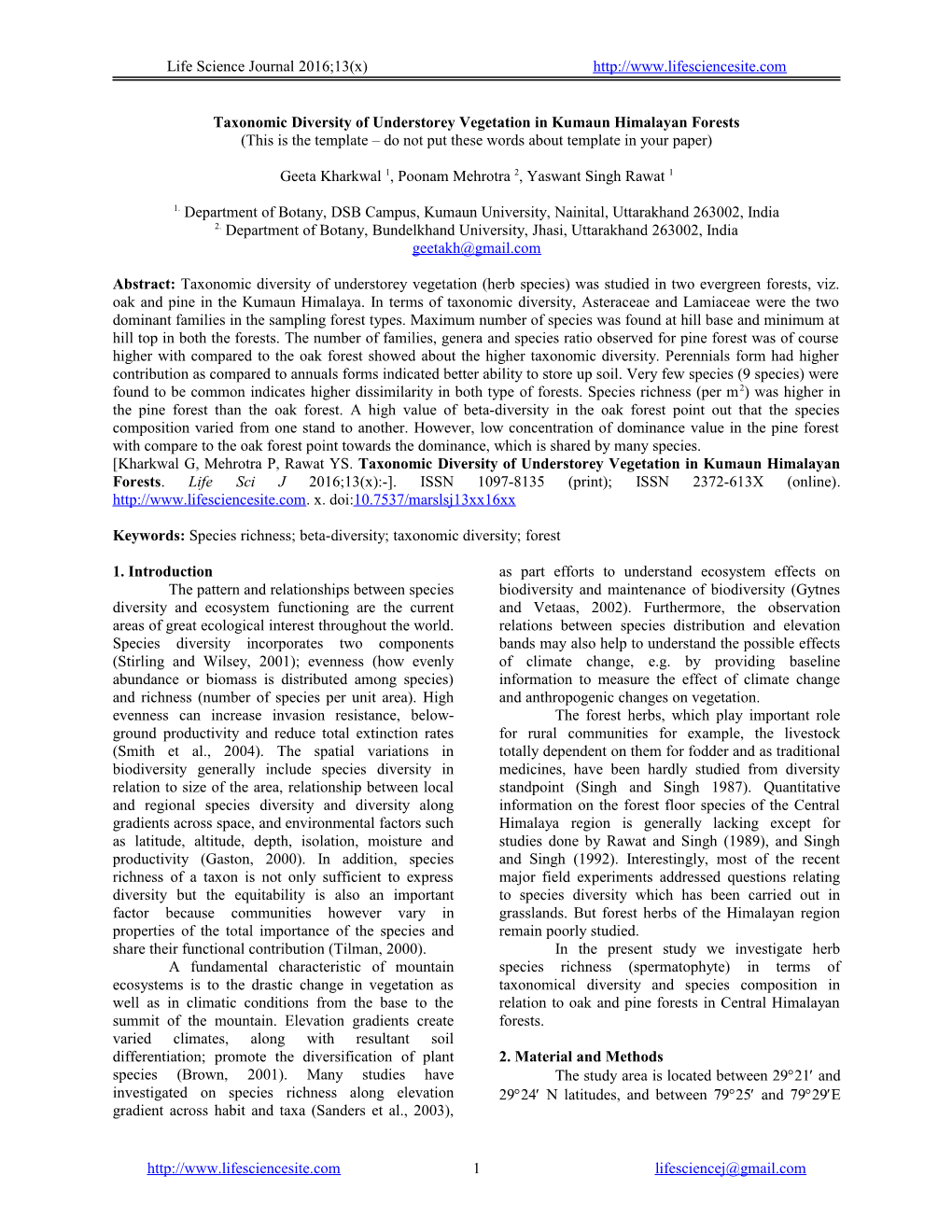 Taxonomic Diversity of Understorey Vegetation in Kumaun Himalayan Forests