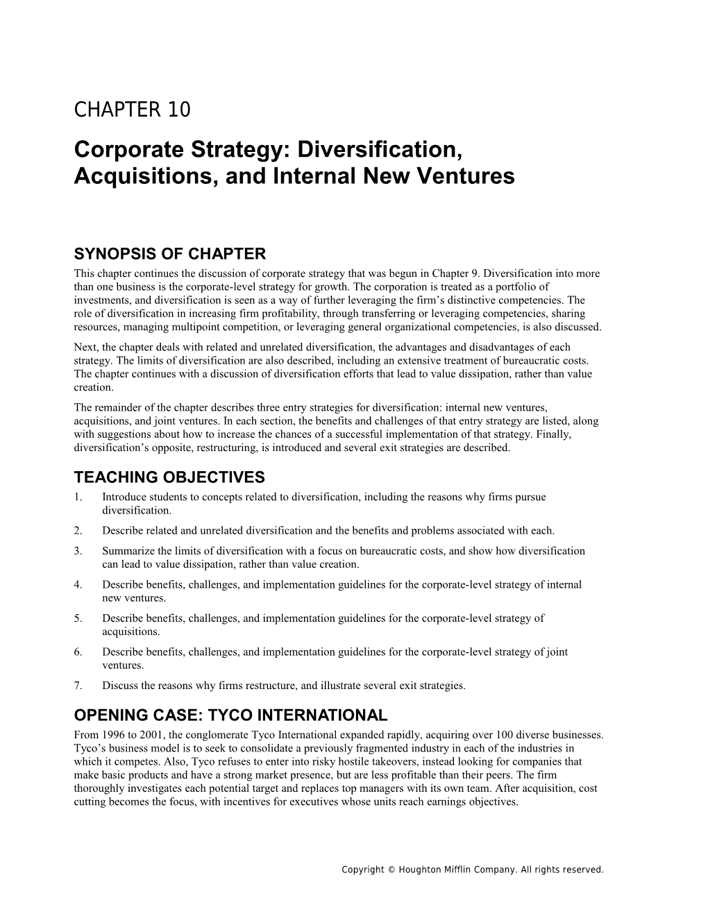 Chapter 10: Corporate Strategy: Diversification, Acquisitions, and Internal New Ventures 1