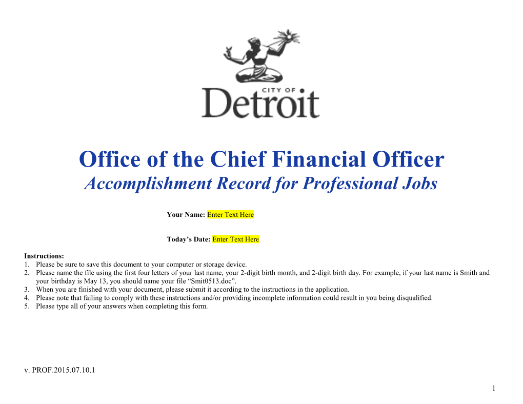 Office of the Chief Financial Officer Accomplishment Record for Professional Jobs
