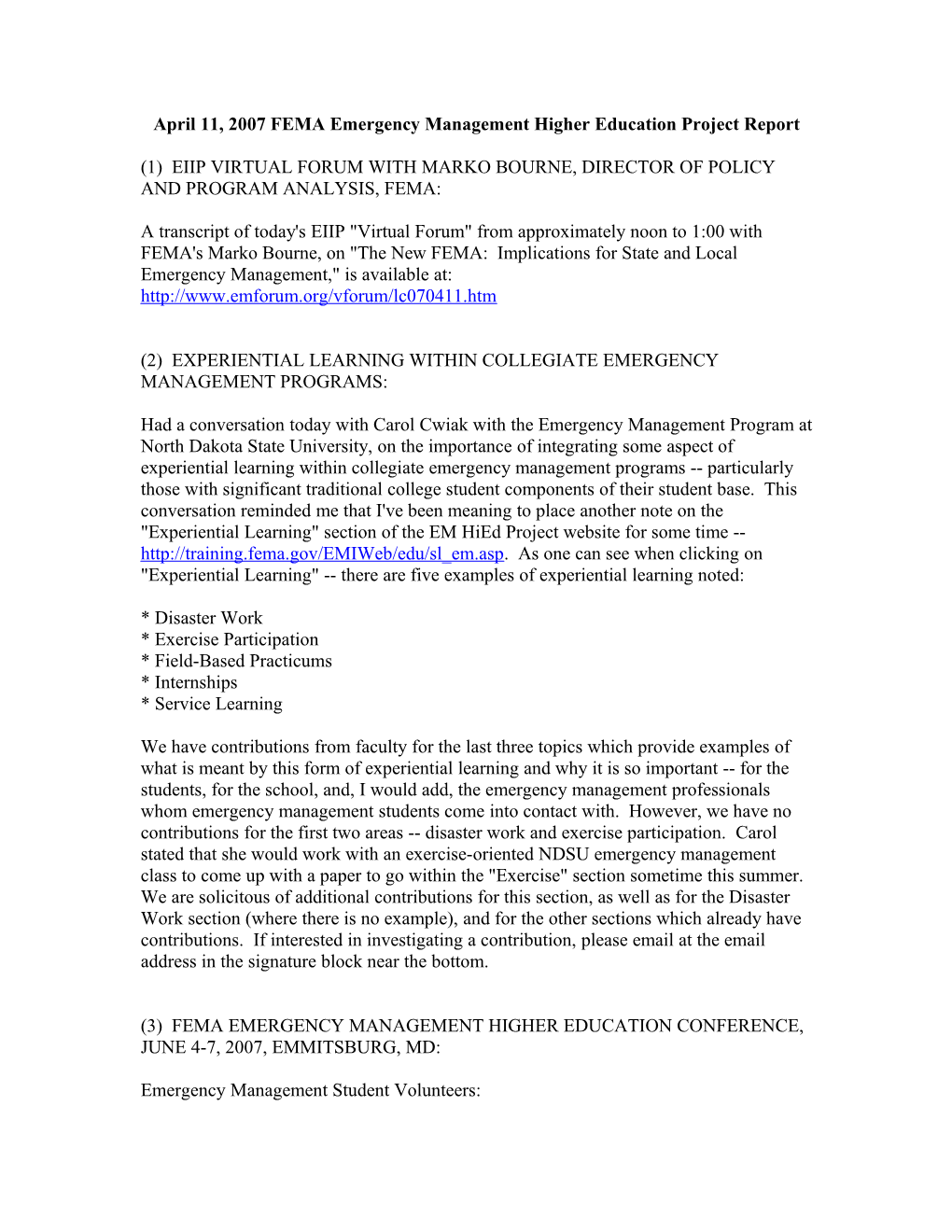 April 11, 2007 FEMA Emergency Management Higher Education Project Report