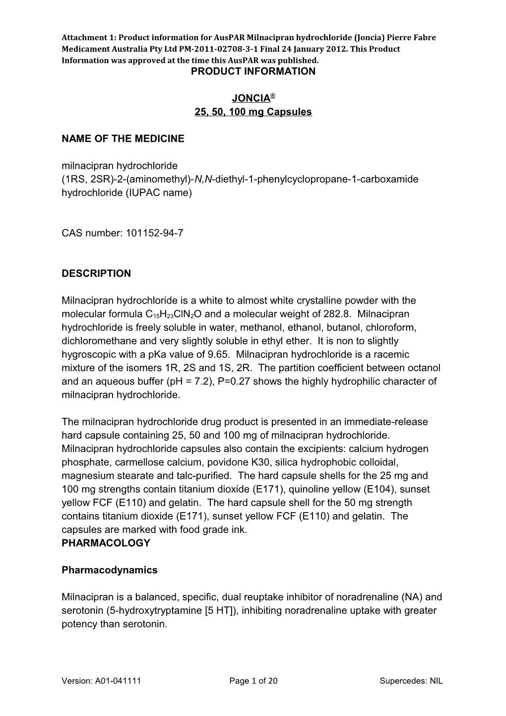 Attachment 1. Product Information for Joncia