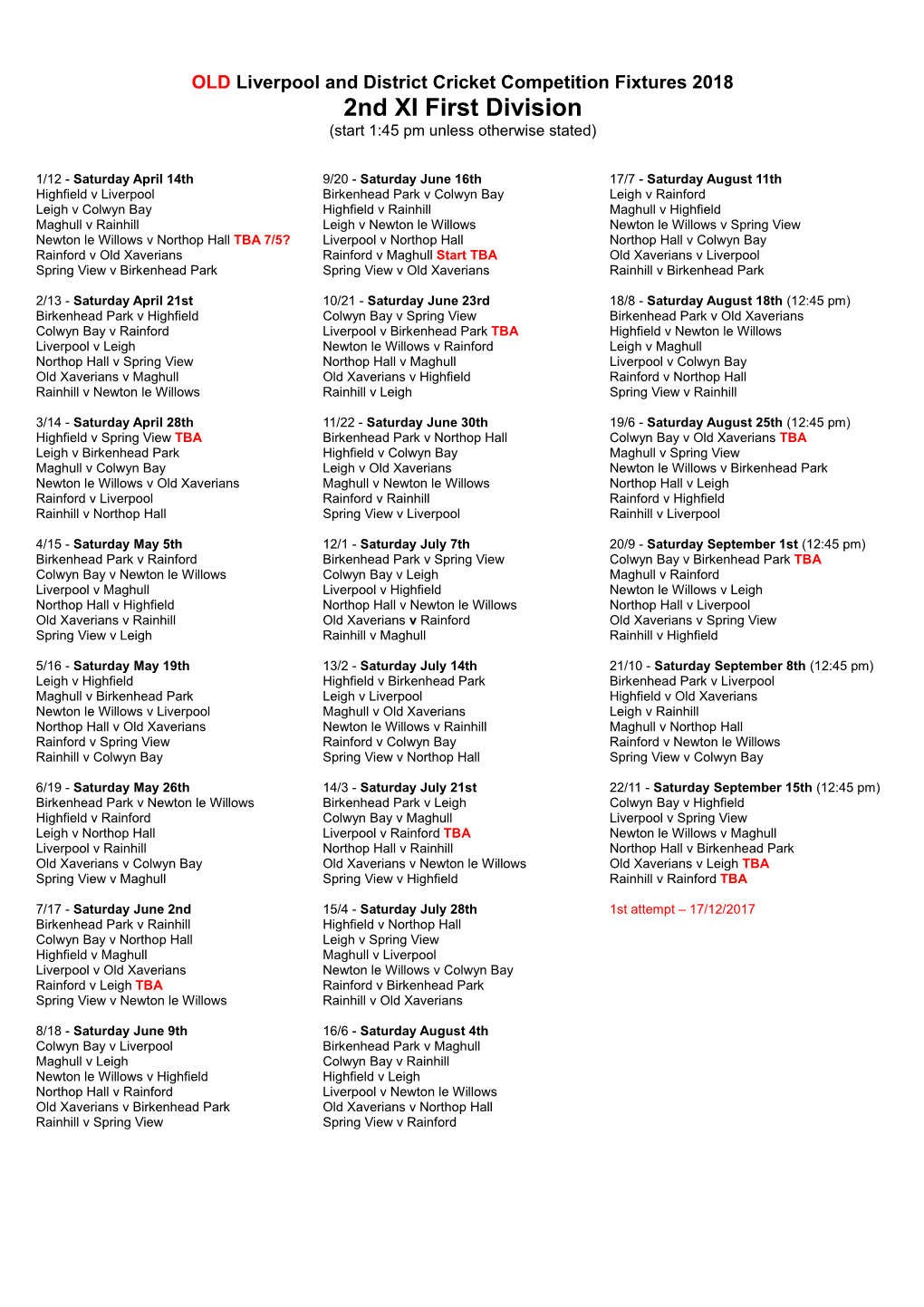 OLD Liverpool and District Cricket Competition Fixtures 2018