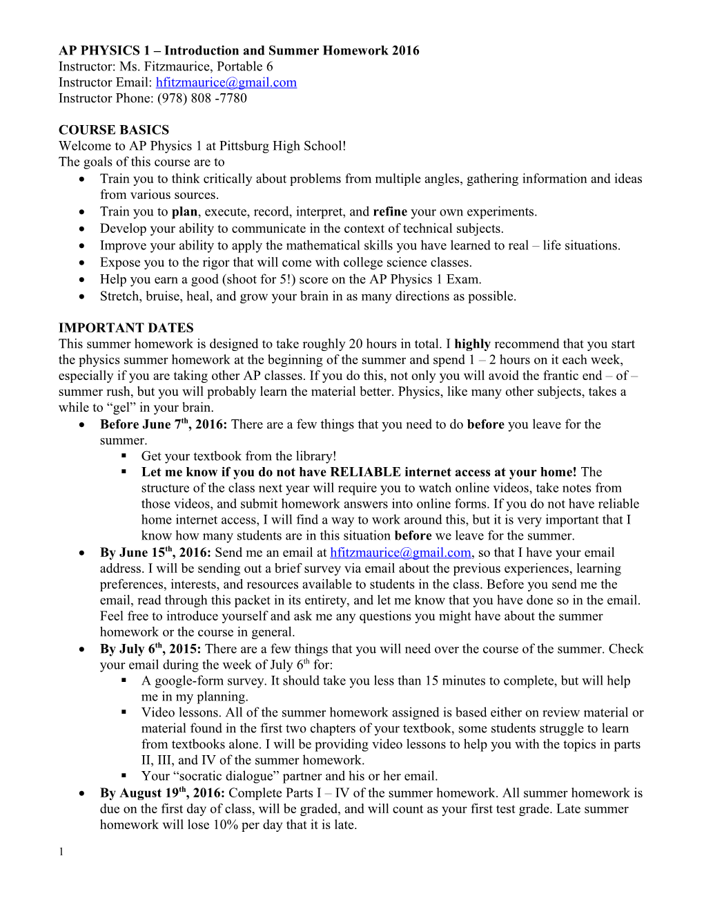 AP PHYSICS 1 Introduction and Summer Homework 2016