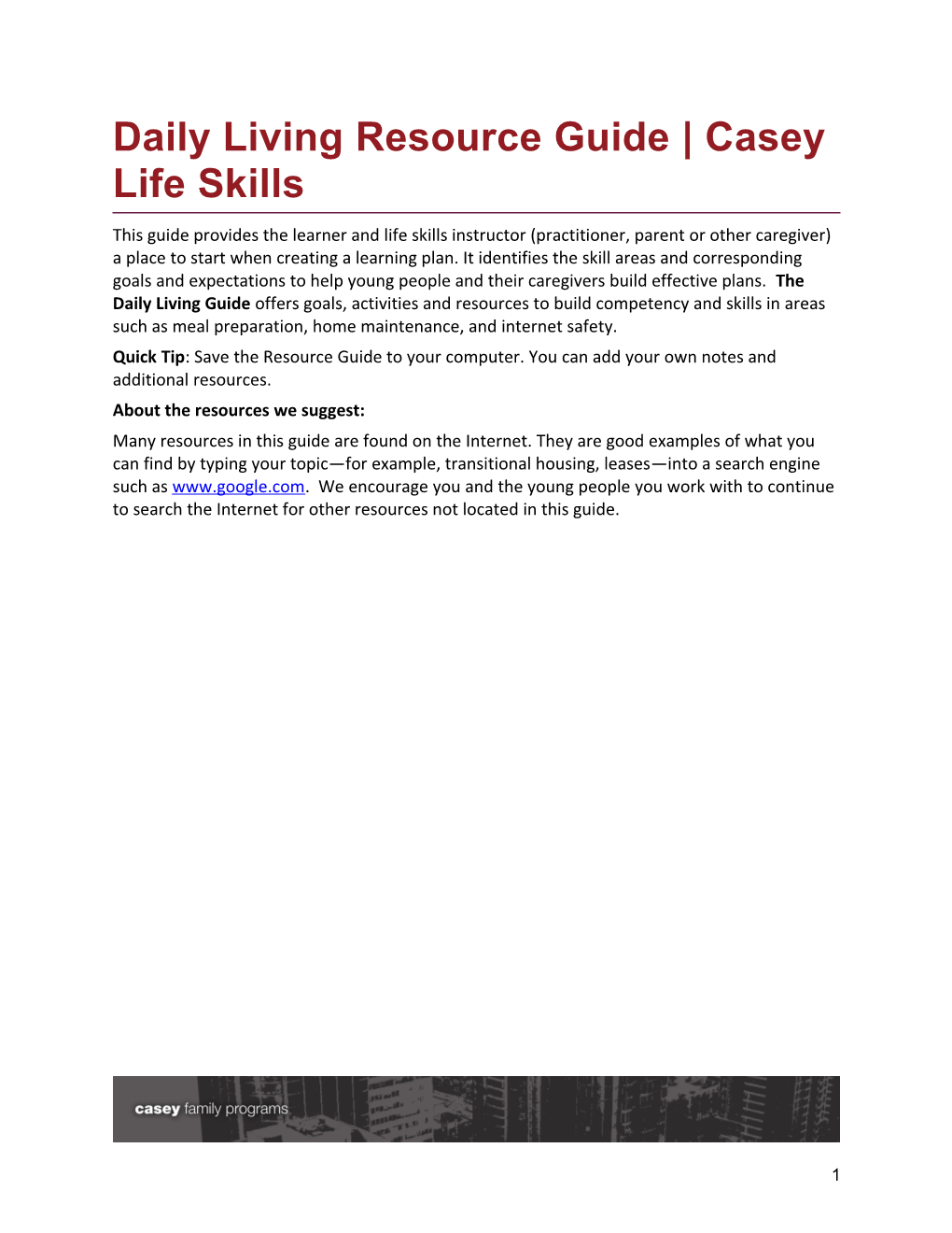 Daily Living Resource Guide Casey Life Skills