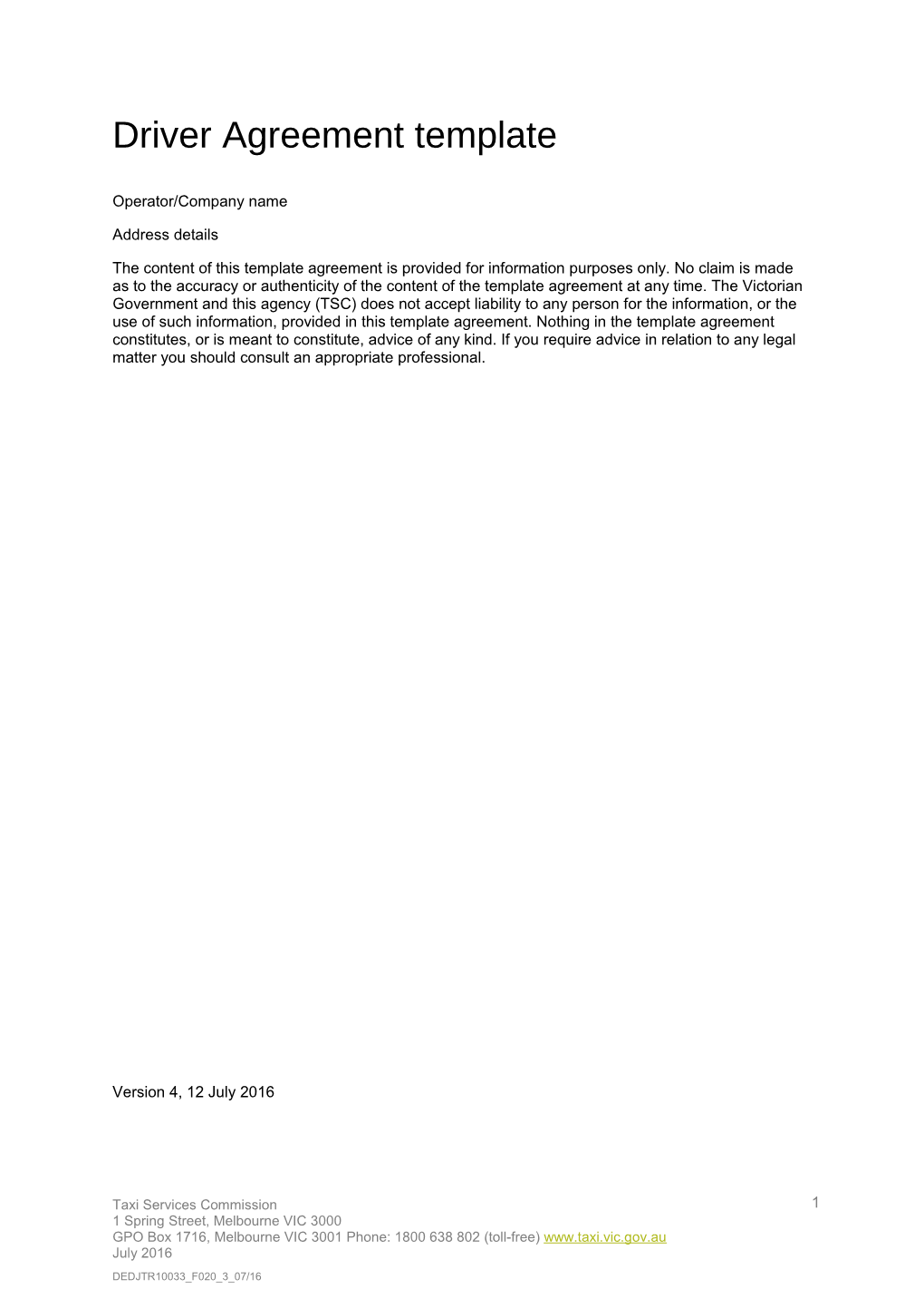 Driver Agreement Template