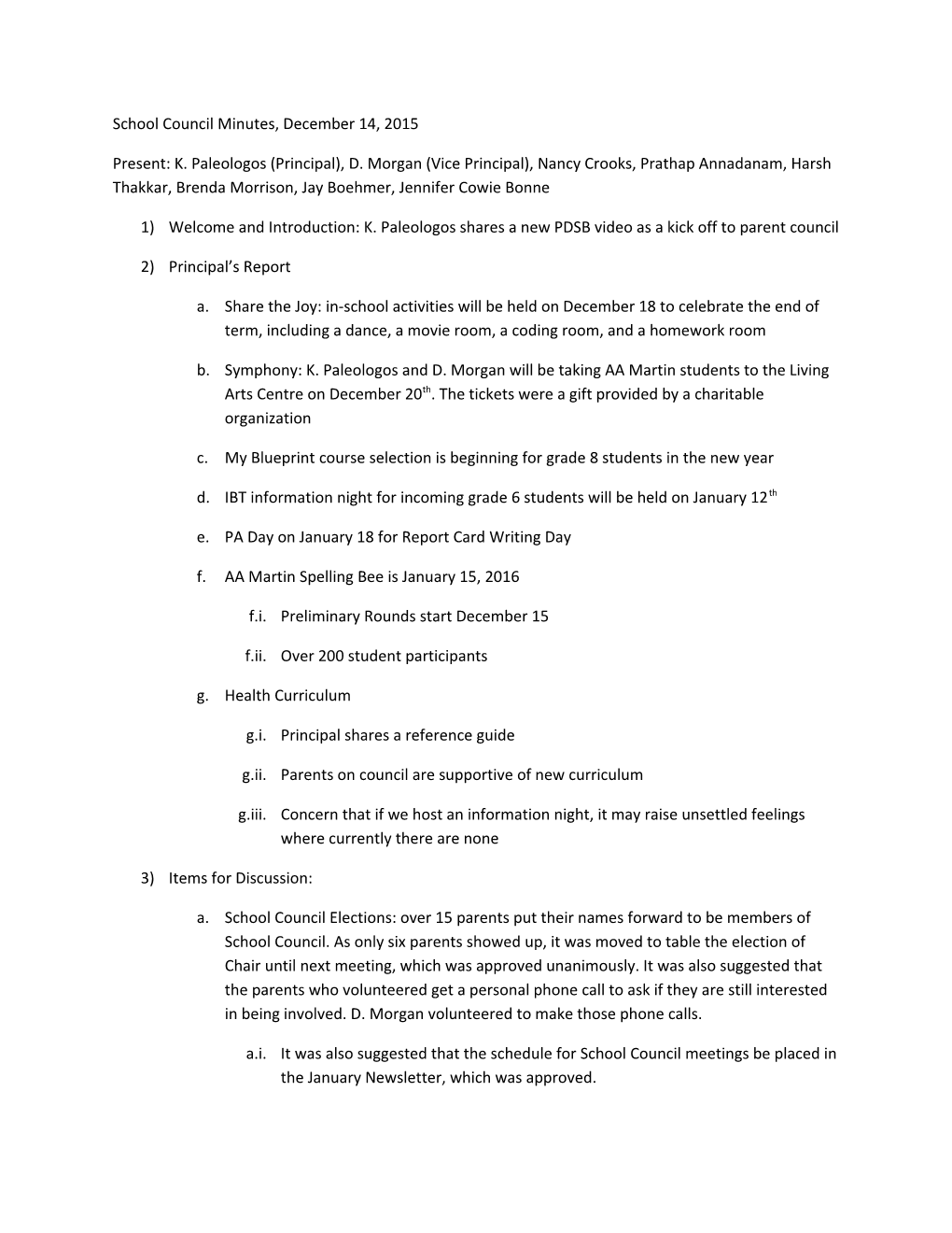 School Council Minutes, December 14, 2015