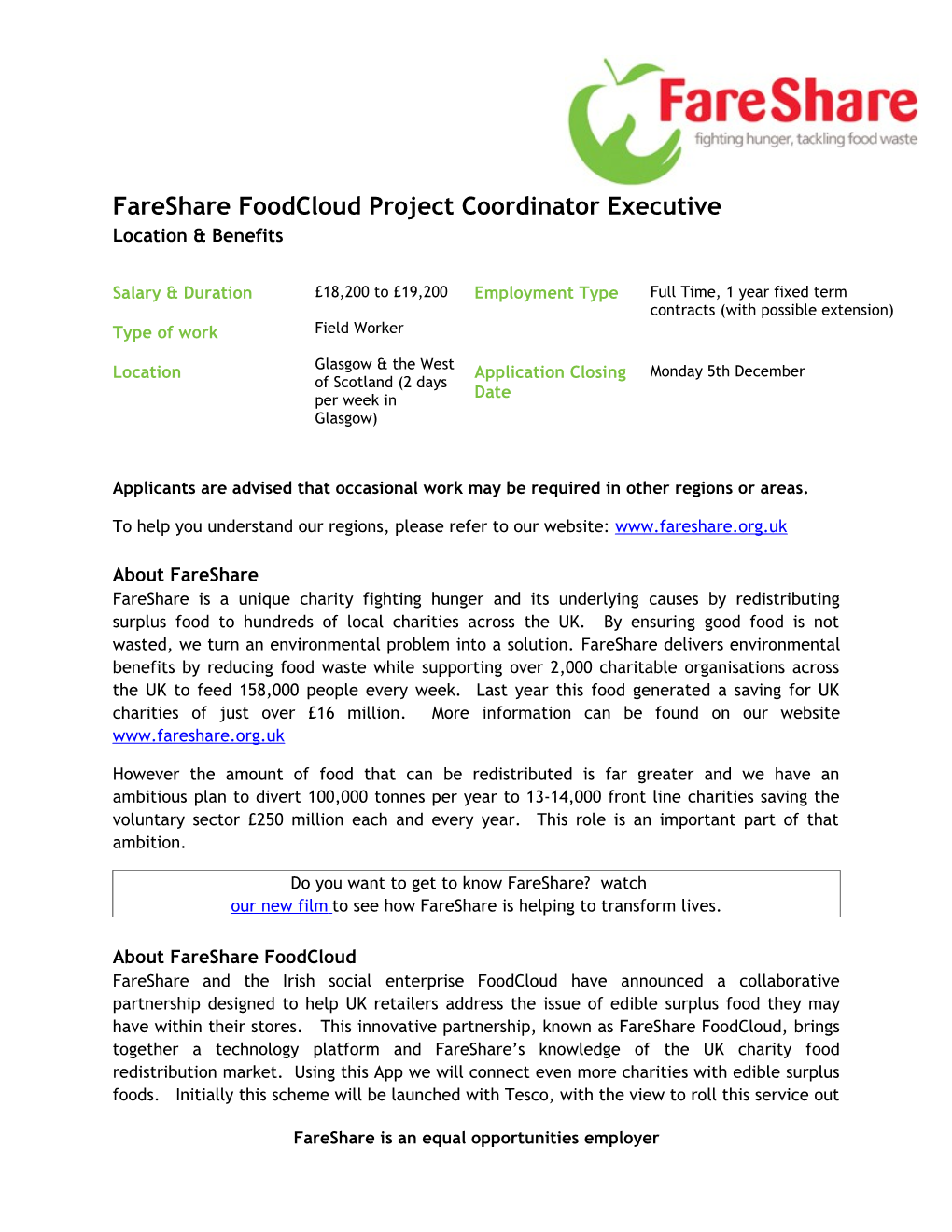 Fareshare Foodcloud Project Coordinator Executive