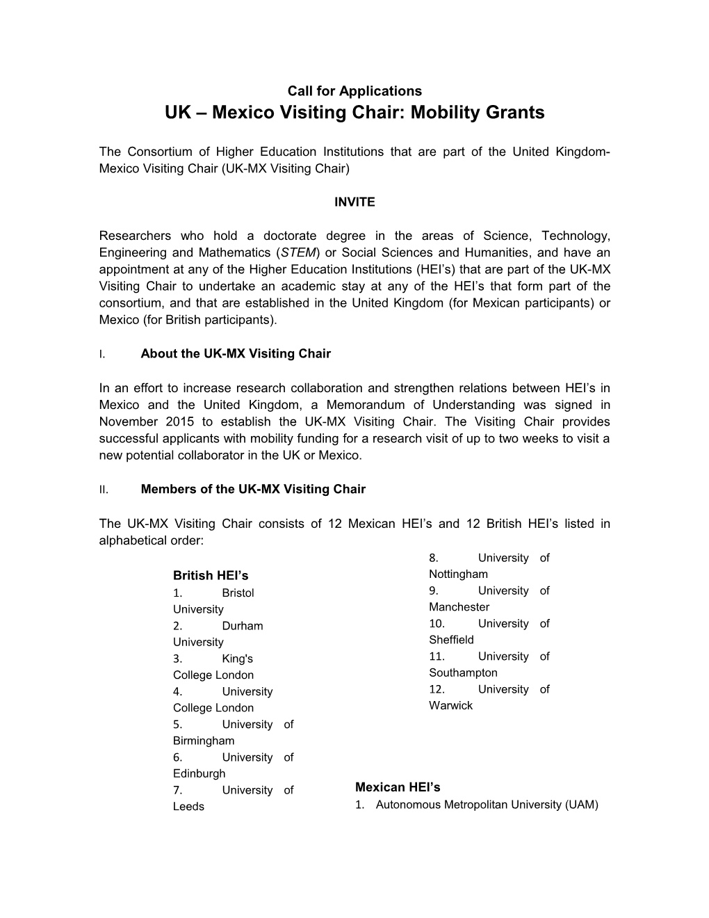 UK Mexico Visiting Chair: Mobility Grants