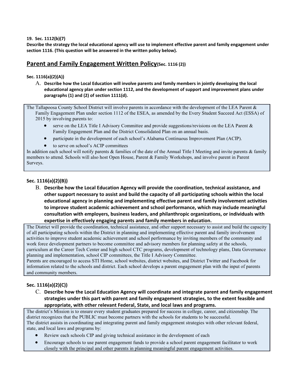 Parent and Family Engagement Written Policy(Sec. 1116 (2))