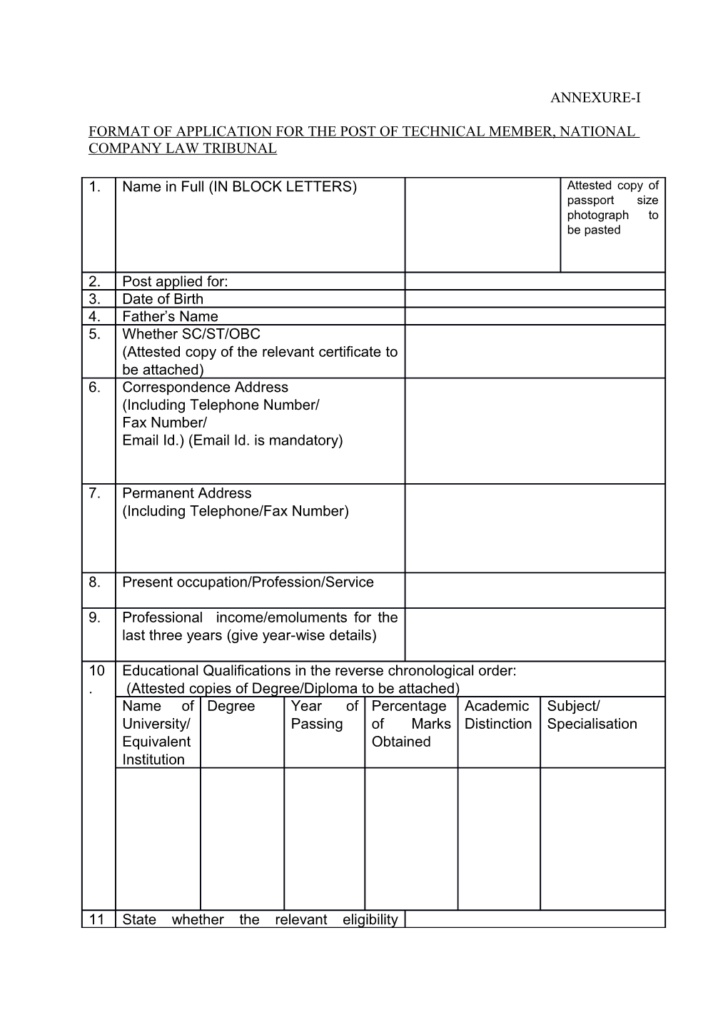 Format of Application for the Post of Technical Member, National Company Law Tribunal