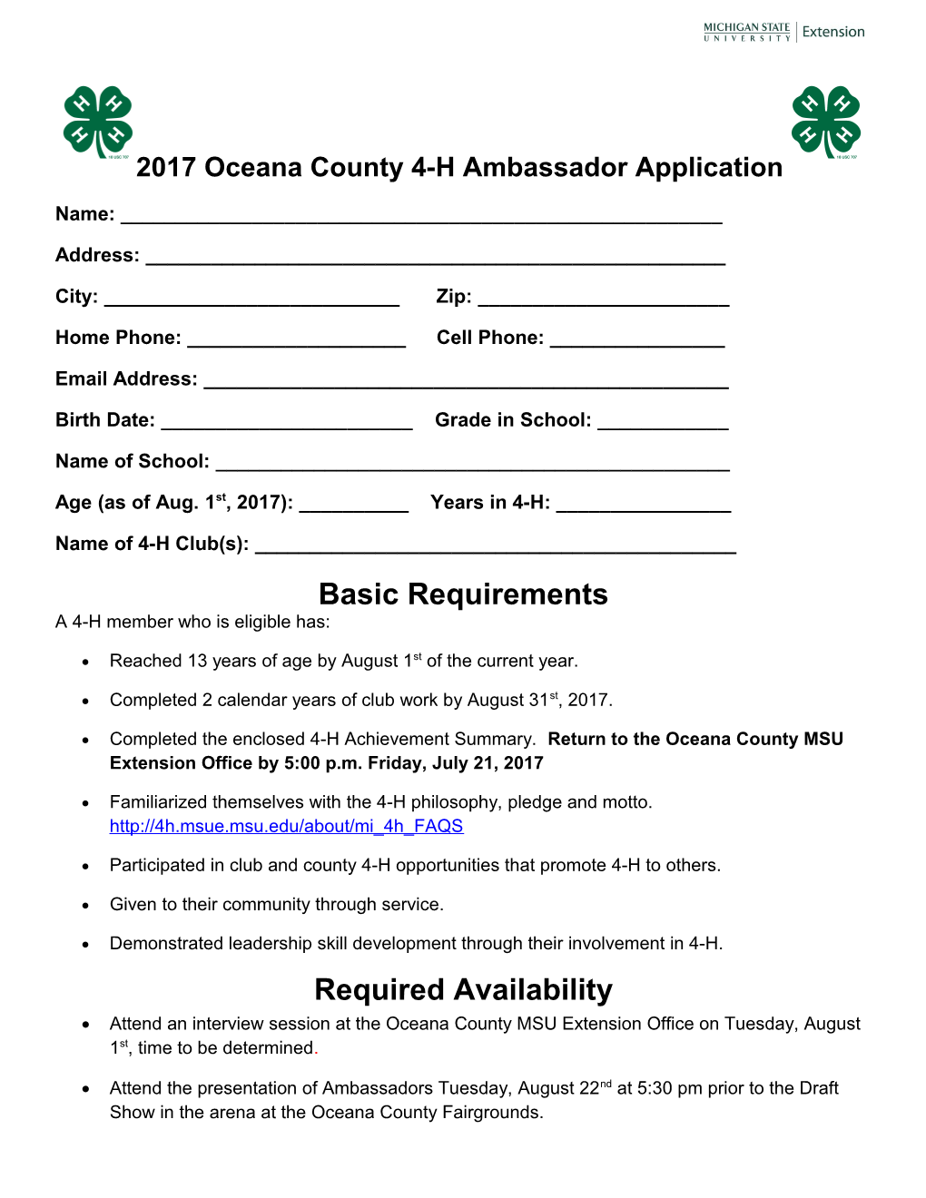 2017 Oceana County 4-H Ambassador Application