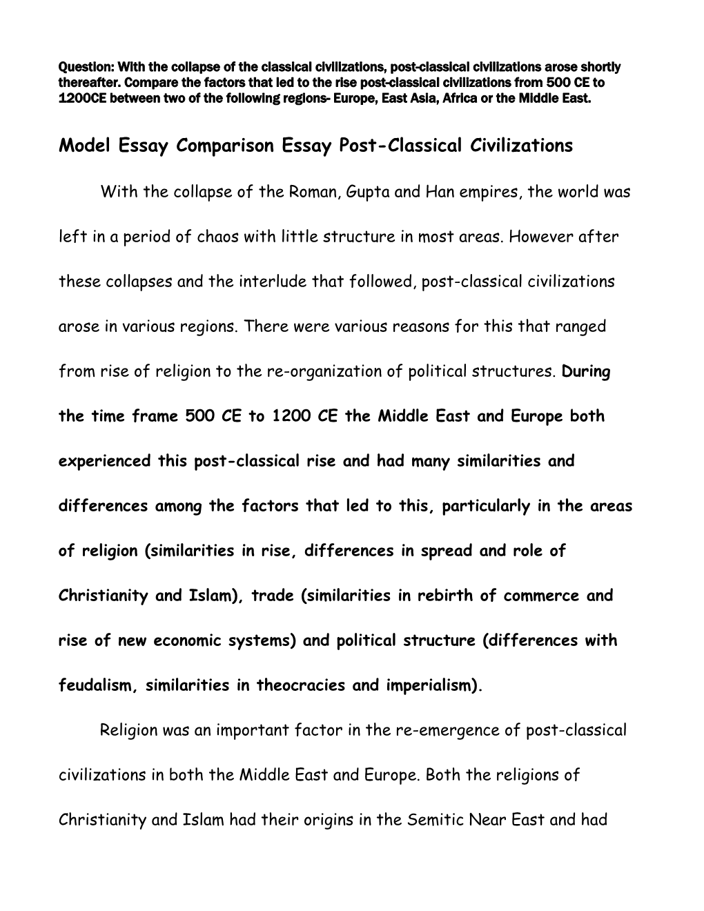 Model Essay Comparison Essay Post-Classical Civilizations