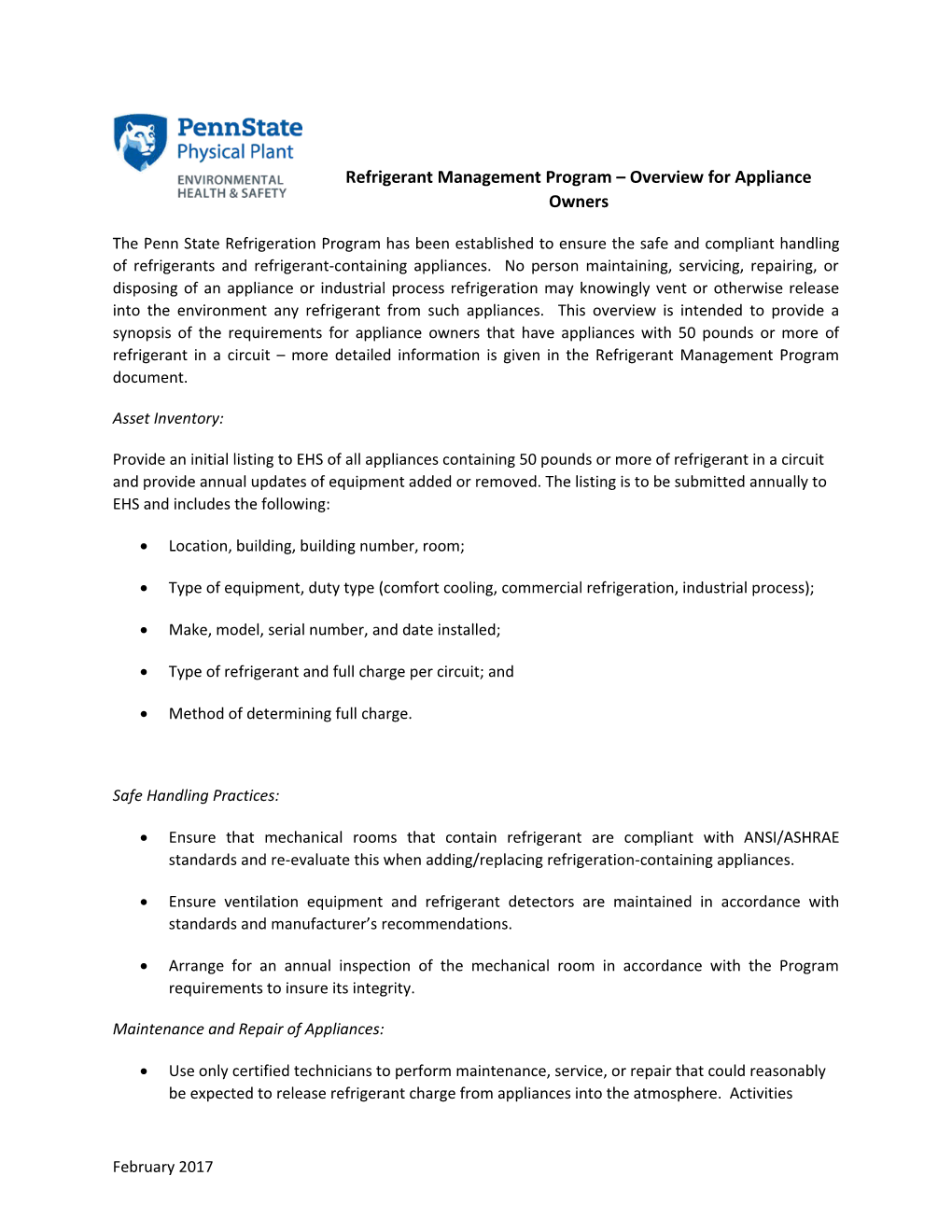 Refrigerant Management Program Overview for Appliance Owners