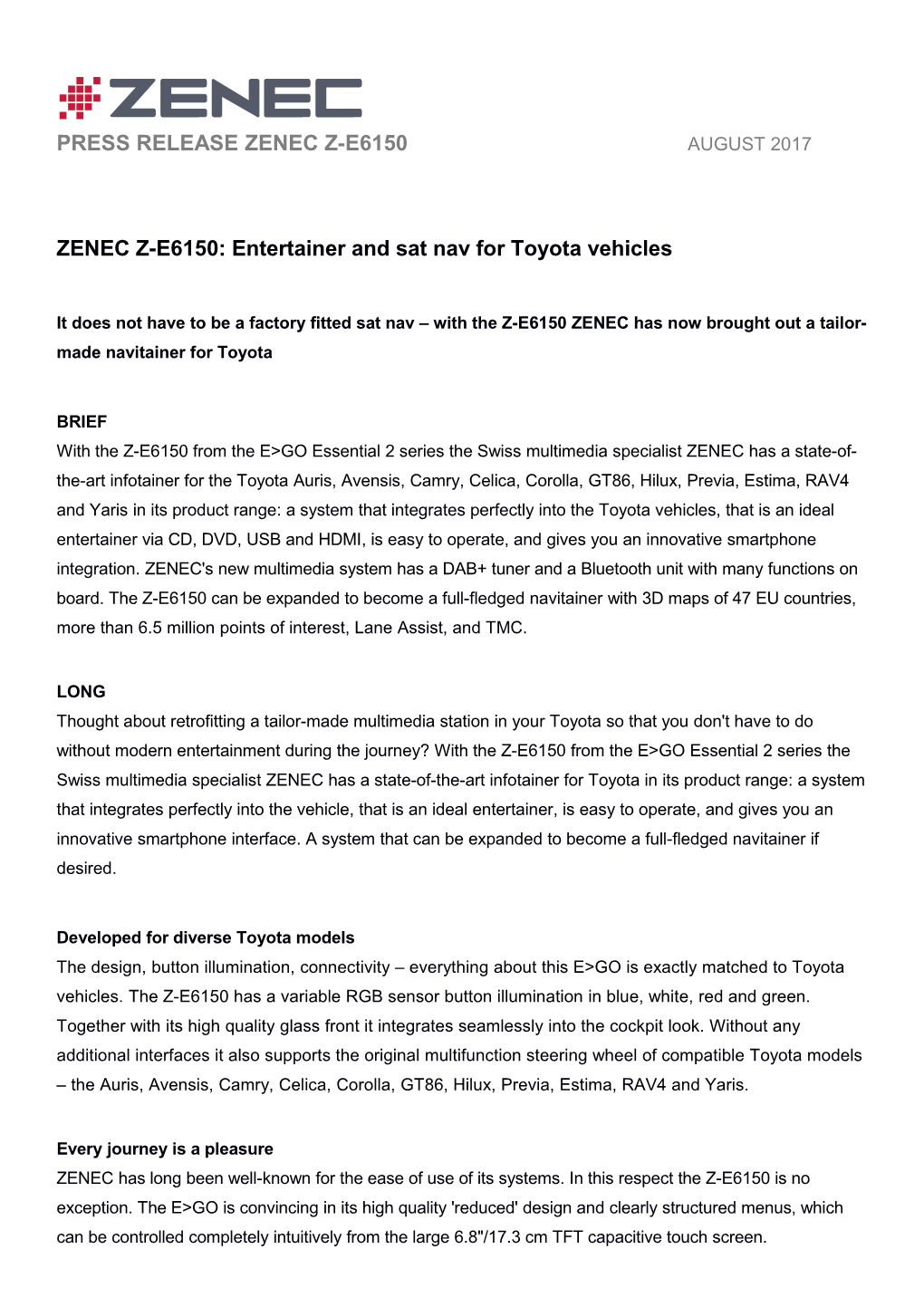 ZENEC Z-E6150: Entertainer and Sat Nav for Toyota Vehicles