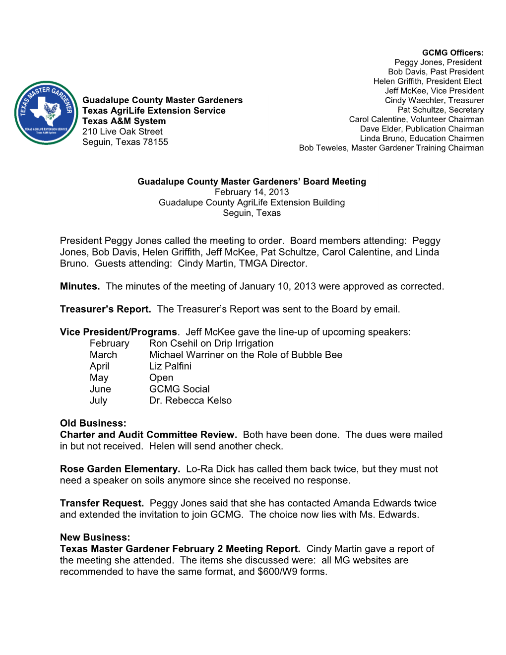 Treasurer S Report. the Treasurer S Report Was Sent to the Board by Email
