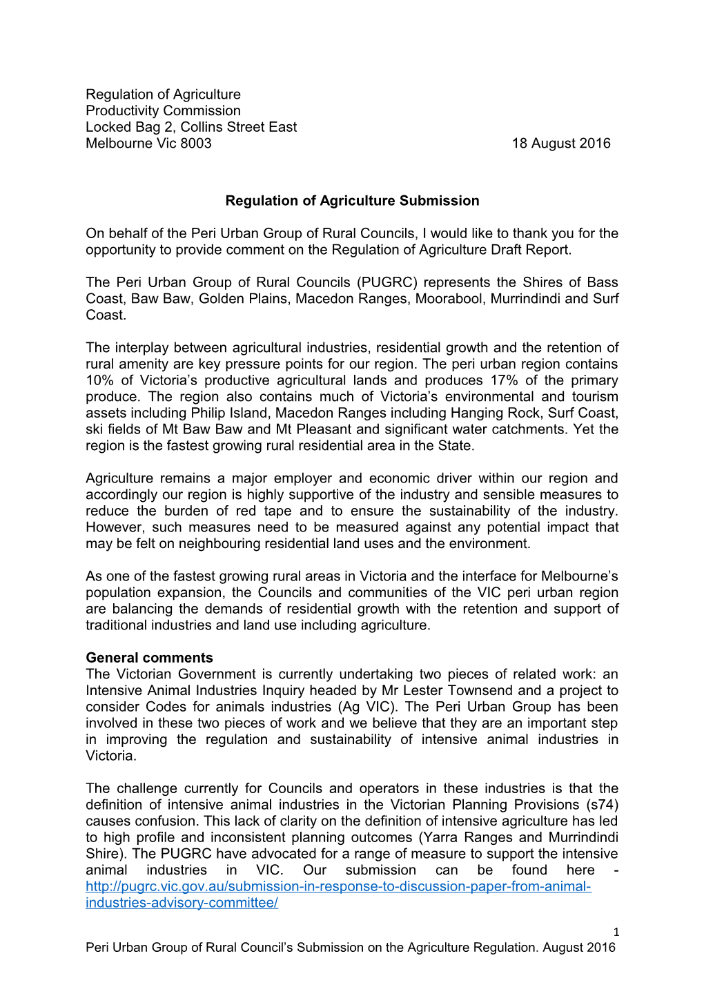 Submission DR220 - Peri Urban Group of Rural Councils - Regulation of Agriculture - Public