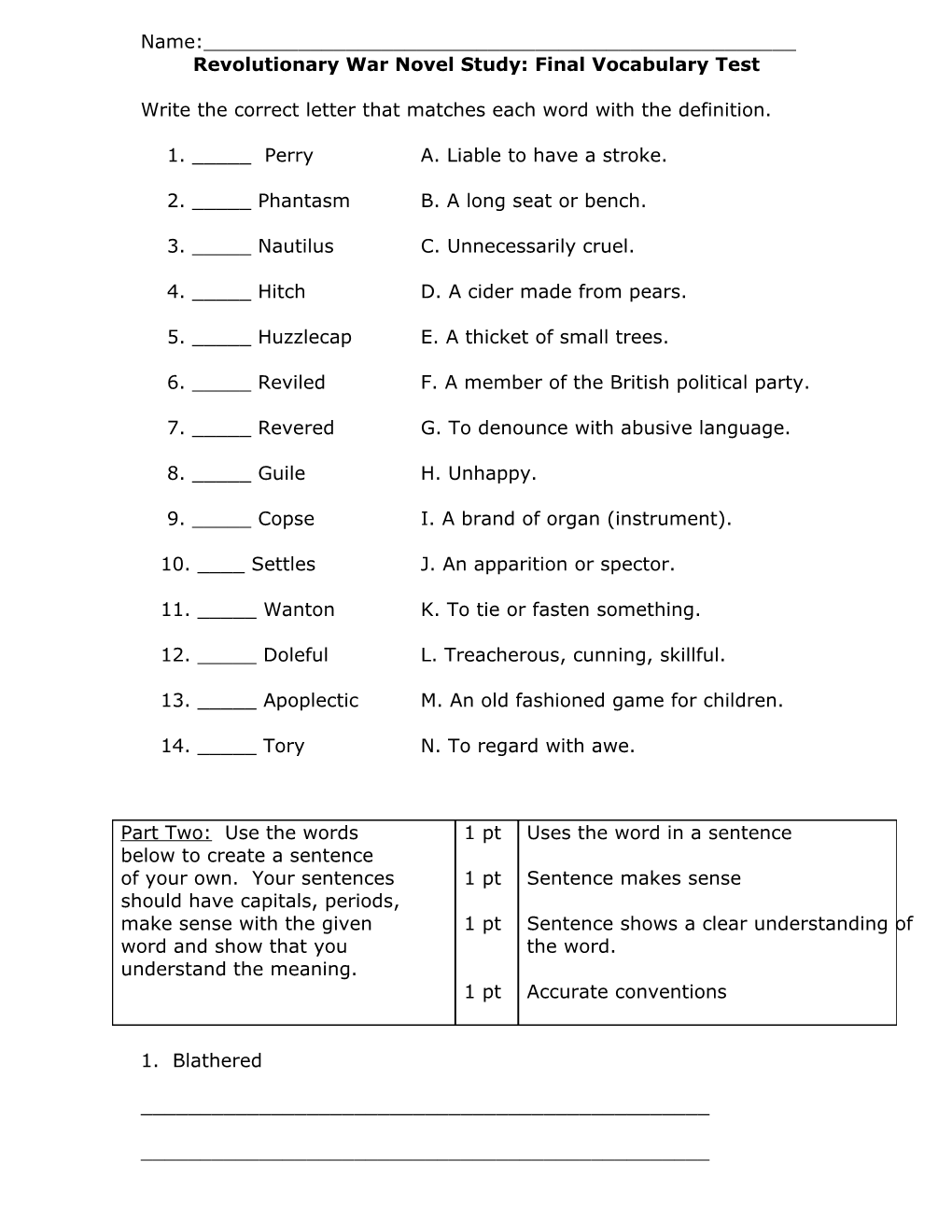 Revolutionary War Novel Study: Final Vocabulary Test