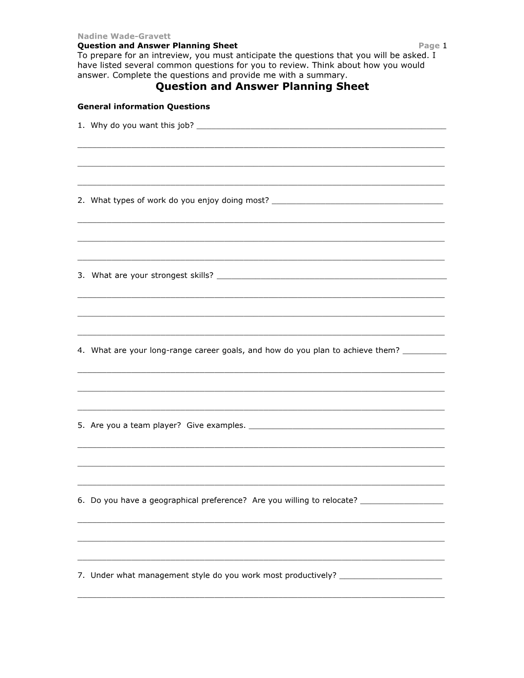Question and Answer Planning Sheet
