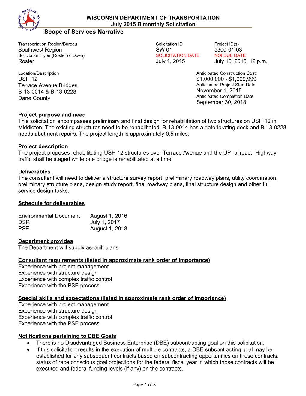 Wisdot Transportation DTSD July 2015 SW01 Southwest Region, Sw01jul15