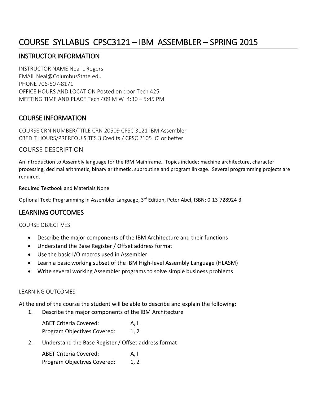 Course Syllabus CPSC3121 IBM Assembler SPRING 2015