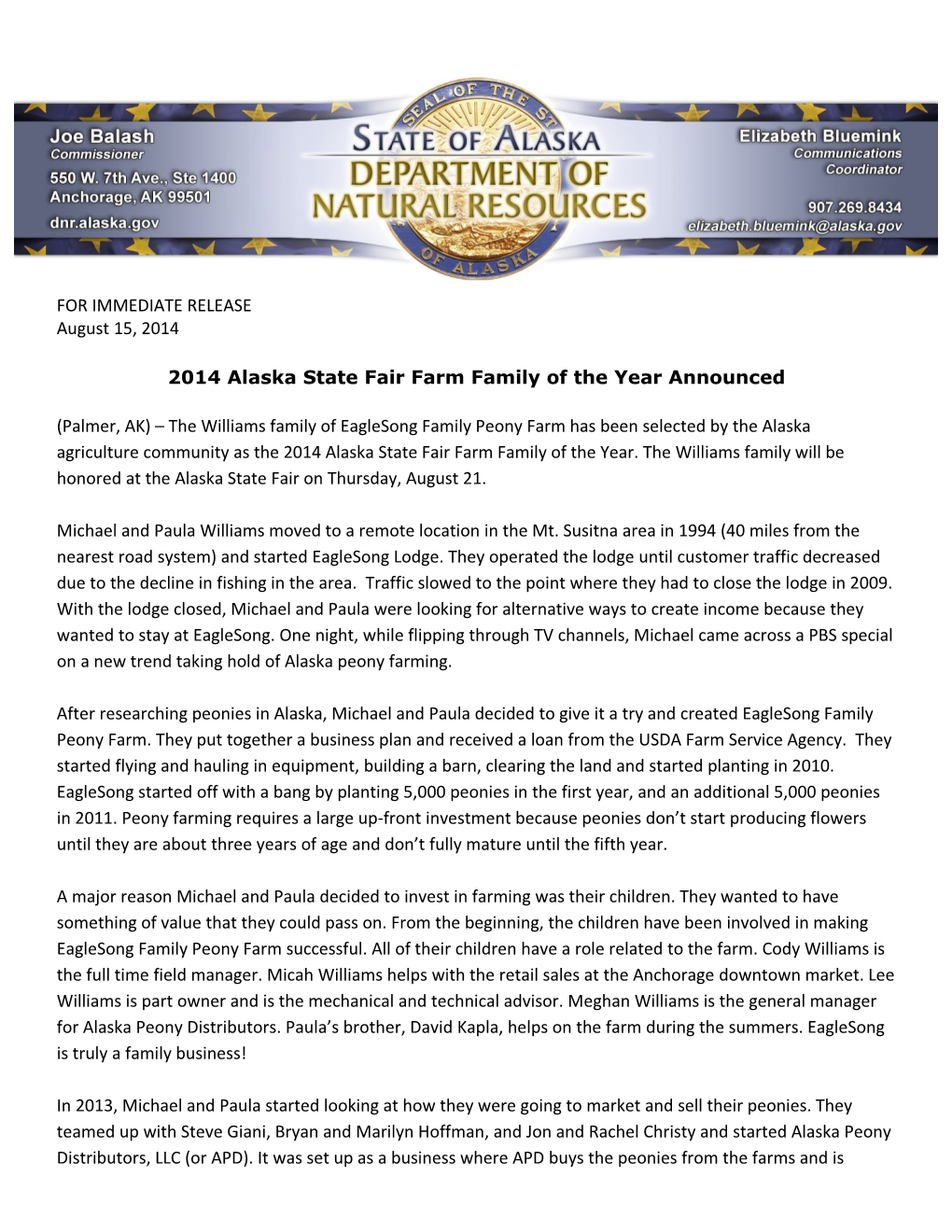 2014 Alaska State Fair Farm Family of the Year Announced