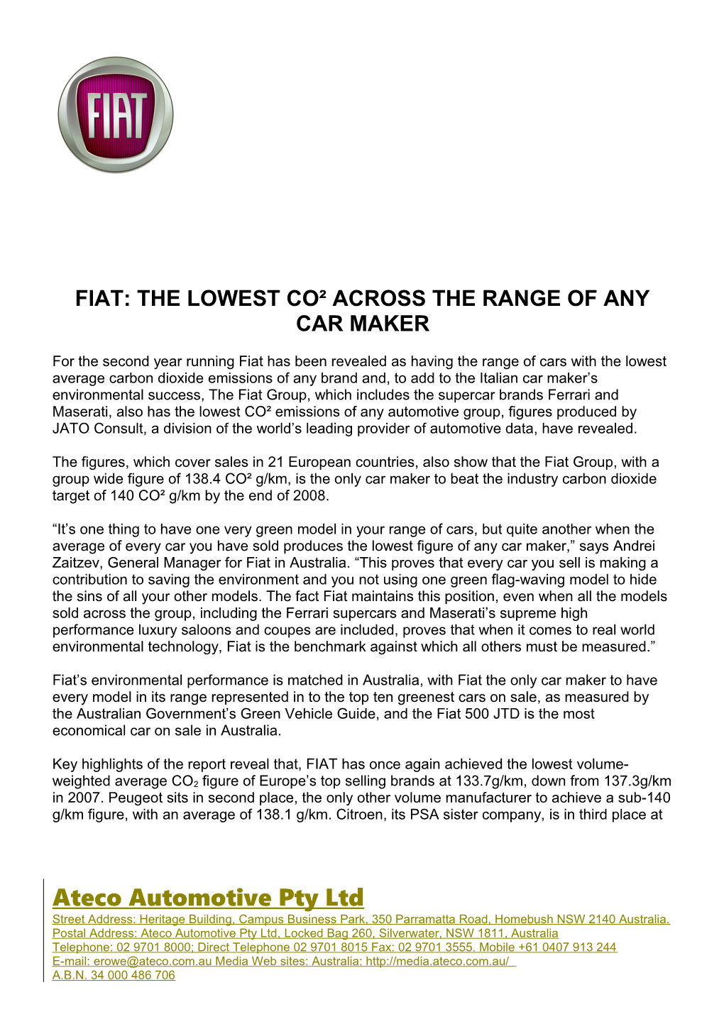 Fiat: the Lowest Co Across the Range of Any Car Maker