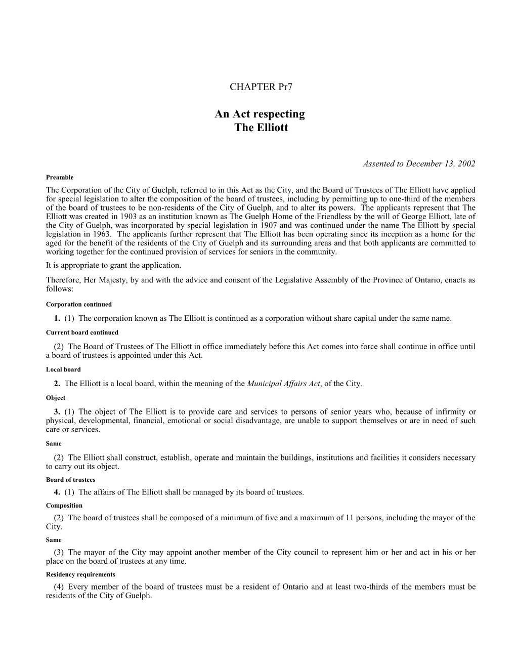 Elliott Act, 2002, S.O. 2002, C. Pr7 - Bill Pr9