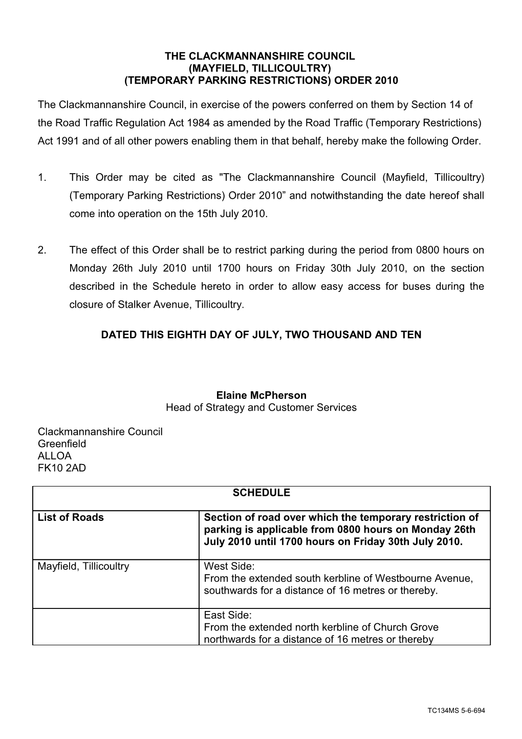 Waggon Way, Alloa - Temporary Footpath Closure Order 2006