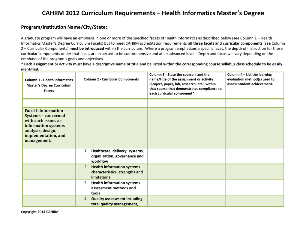 CAHIIM 2012 Curriculum Requirements Health Informatics Master S Degree