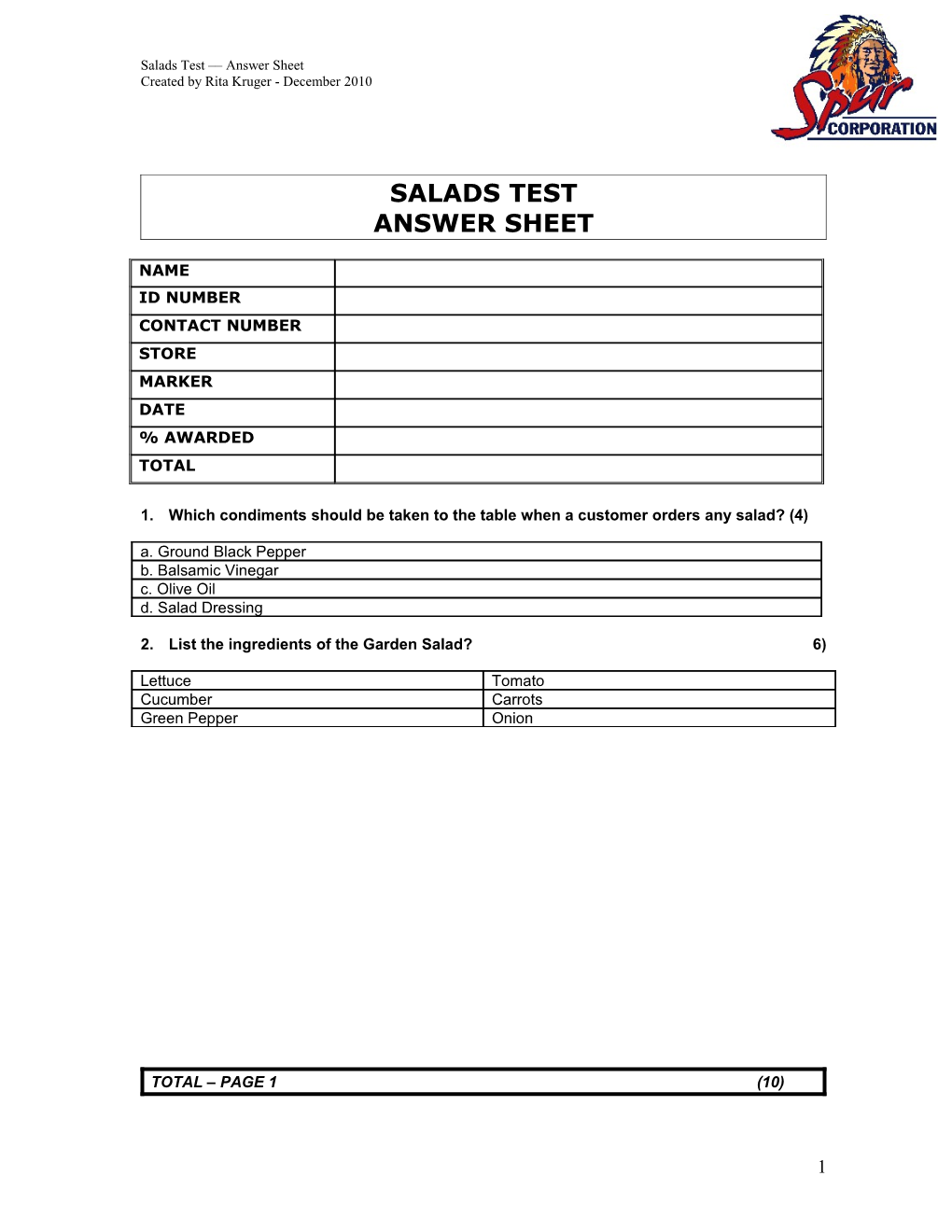 Salads Test Answer Sheet
