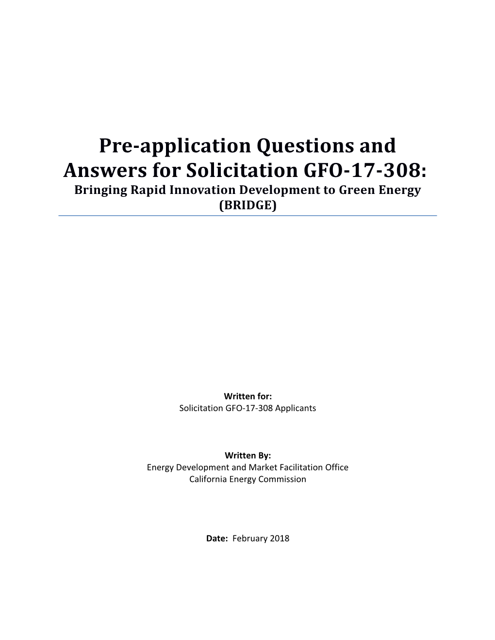 Pre-Application Questions and Answers for Solicitation GFO-17-308
